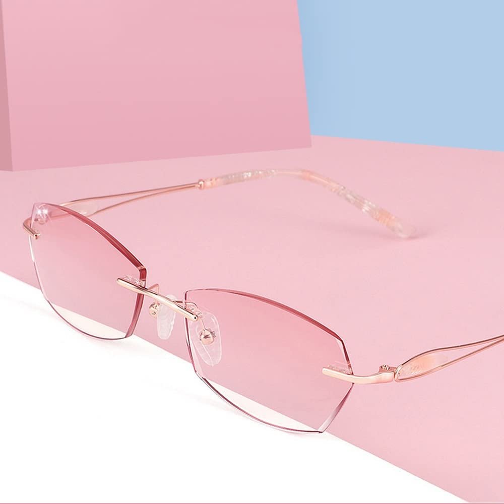 XFAK Women's Rimless Reading Glasses, Pink, Lightweight, Blue-Light Filter, +2.0