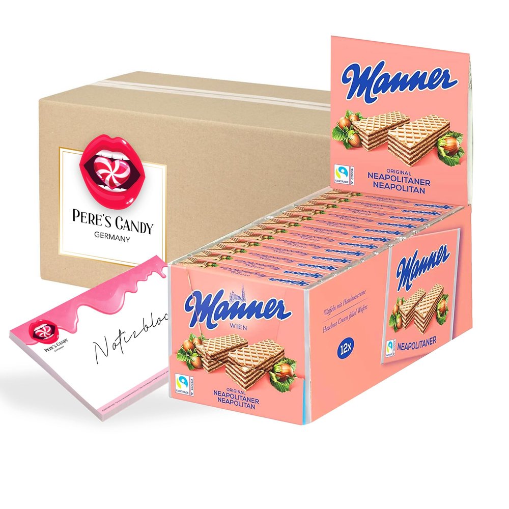 Pere's Candy Bundle: Manner Hazelnut Cream Wafer Cookies, 12-Pack (12 x 75 g) + A7 Notepad