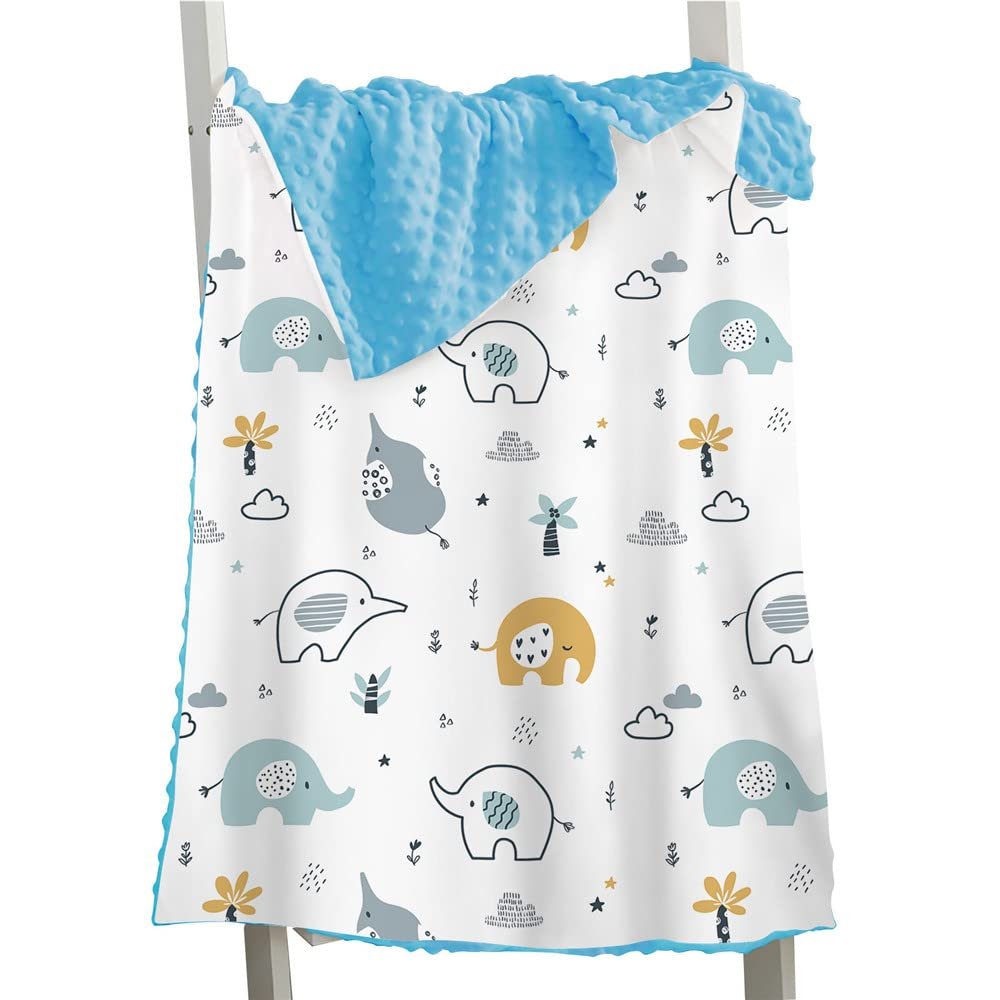 Hixingo Children's Blanket with Elephant Print, Soft Warm Double-Sided Minky Throw, Blue, 150 x 110 cm