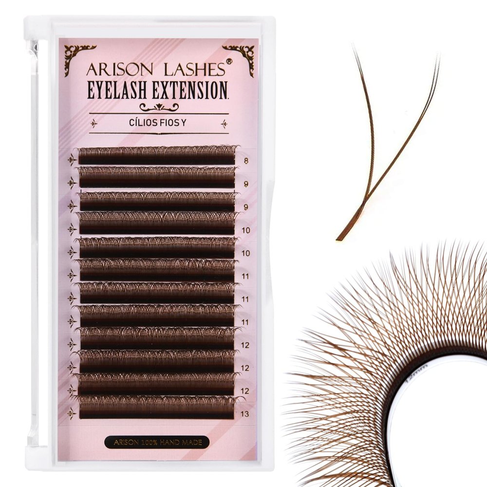 Arison Lashes Dark Brown YY Eyelash Extensions, 0.07 mm, C Curl, 8–15 mm, Pre-Fanned Y-Shape Volume Lashes, 12 Rows