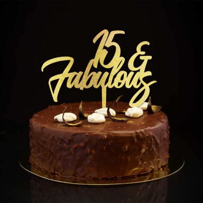 15th Birthday Cake Decoration, Glittery Gold, Personalizable, for Any Age and 15th Anniversary