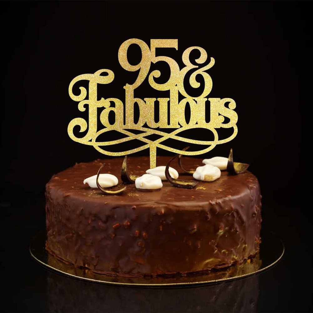 95th Birthday Cake Topper with “Happy Birthday” Text, Gold Glitter, 6 in