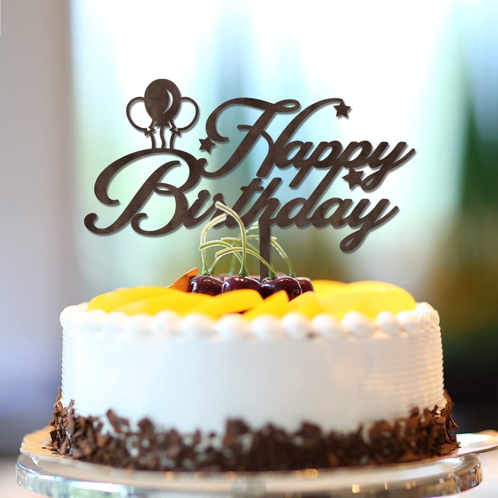 Happy Birthday Cake Topper, Personalized Name and Age, Brown Wood