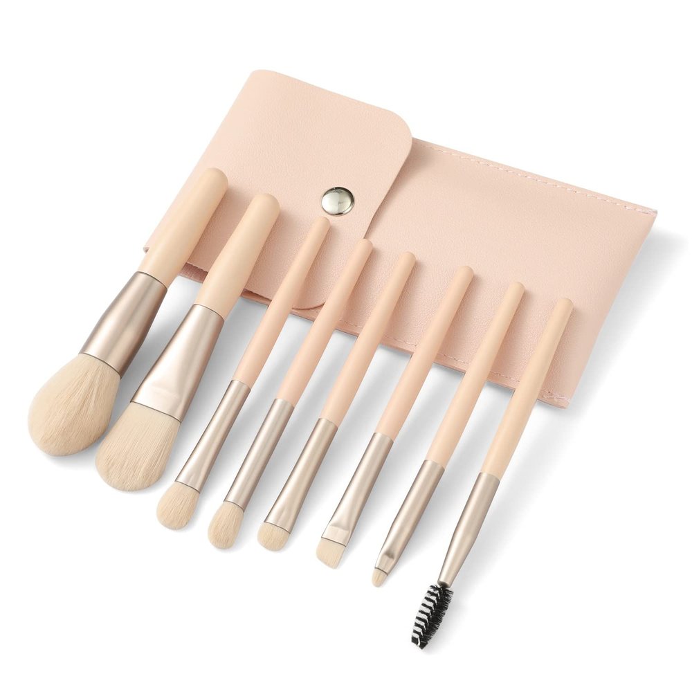 Liasun Travel Makeup Brush Set, Mini Premium Synthetic Fiber Brushes with Storage Bag, Beige/Pink