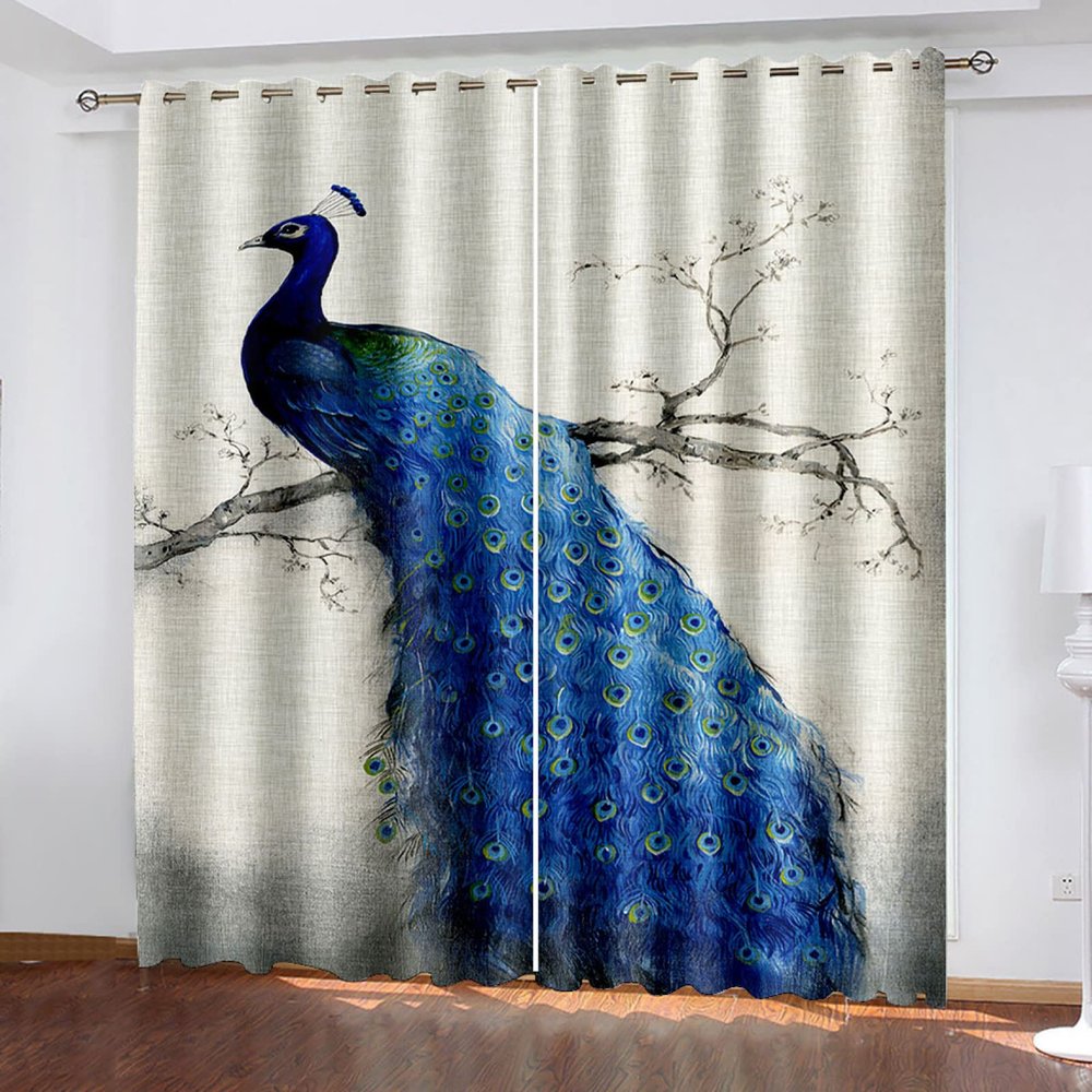 Blackout Thermal Curtains with Peacock Pattern, 200 x 160 cm, 2-Piece Set