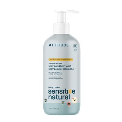 ATTITUDE Baby Shampoo and Body Wash for Sensitive Skin, EWG VERIFIED, Vegan, Unscented, 473 mL