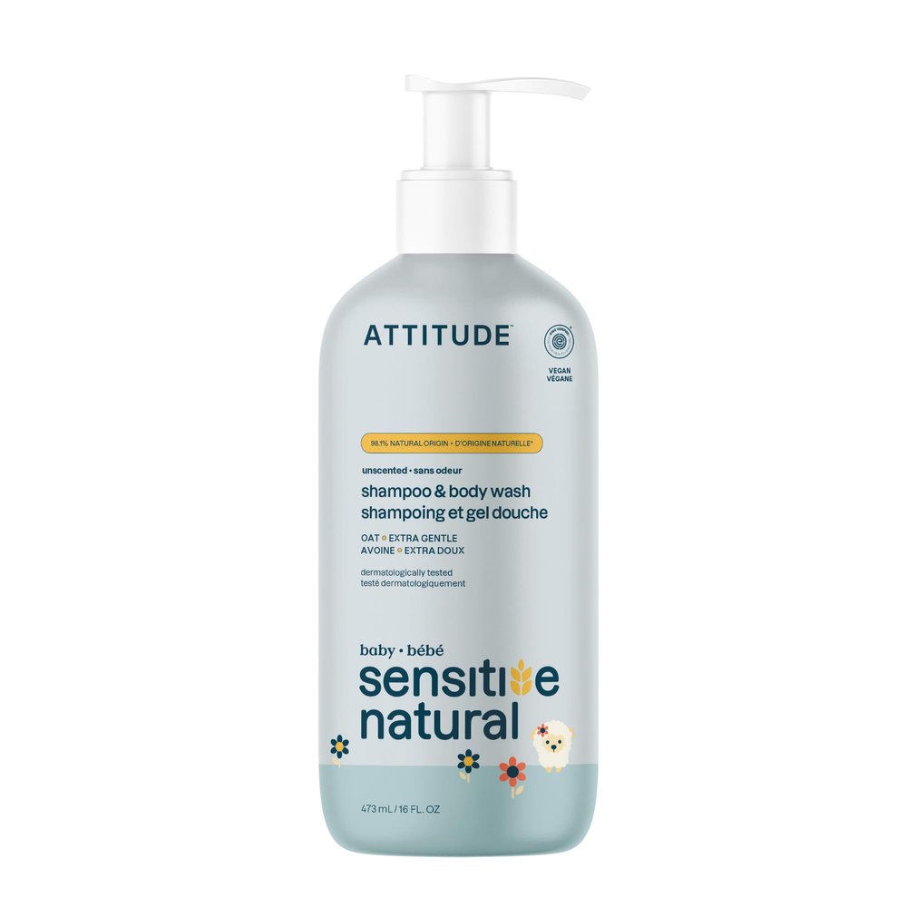 ATTITUDE Baby Shampoo and Body Wash for Sensitive Skin, EWG VERIFIED, Vegan, Unscented, 473 mL
