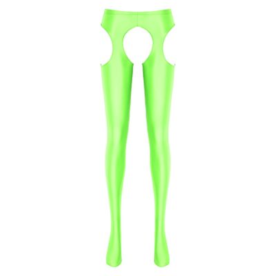 winying Women's Glossy Open-Crotch Leggings Pantyhose Stretch Bodystocking Tights, Fluorescent Green, A XL