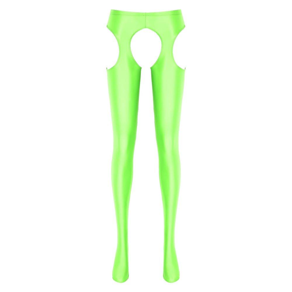 winying Women's Glossy Open-Crotch Leggings Pantyhose Stretch Bodystocking Tights, Fluorescent Green, A XL