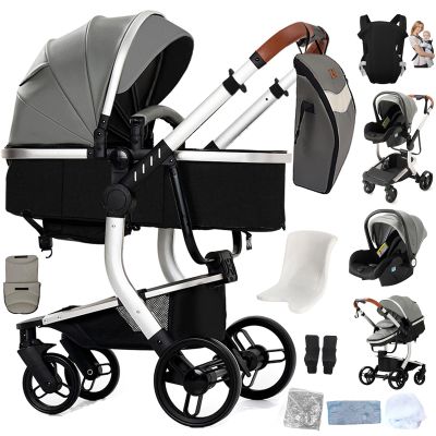 Prokoke PU Leather 3-in-1 Stroller Travel System, One-Click Foldable, Reversible Two-Way Push, Aluminum Alloy Frame, Grey 518
