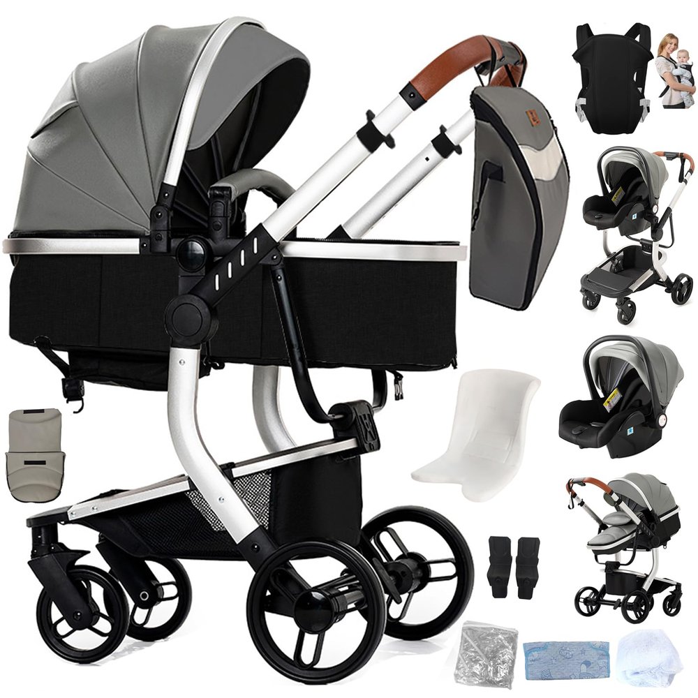 Prokoke PU Leather 3-in-1 Stroller Travel System, One-Click Foldable, Reversible Two-Way Push, Aluminum Alloy Frame, Grey 518