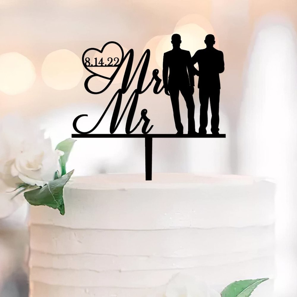 Wedding Cake Topper, Black Acrylic, Rustic Two-Men Couple Silhouette, 15.2 cm