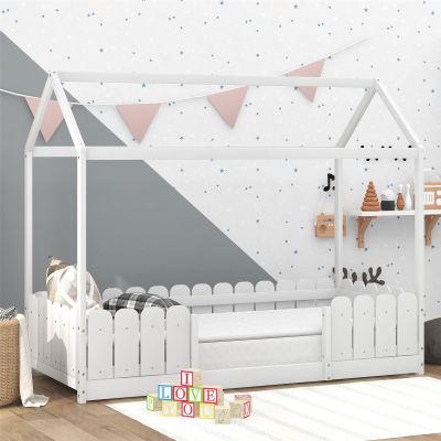 JINTAOMA Toddler Bed for Boys and Girls with Drawer and Guardrail, Solid Wood House Bed with Slatted Base, 90 x 200 cm, White