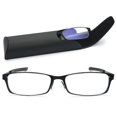 Lanomi Narrow Reading Glasses with Blue-Light Filter, Metal Full Frame, UV400 Protection, Case, Black, +3.0