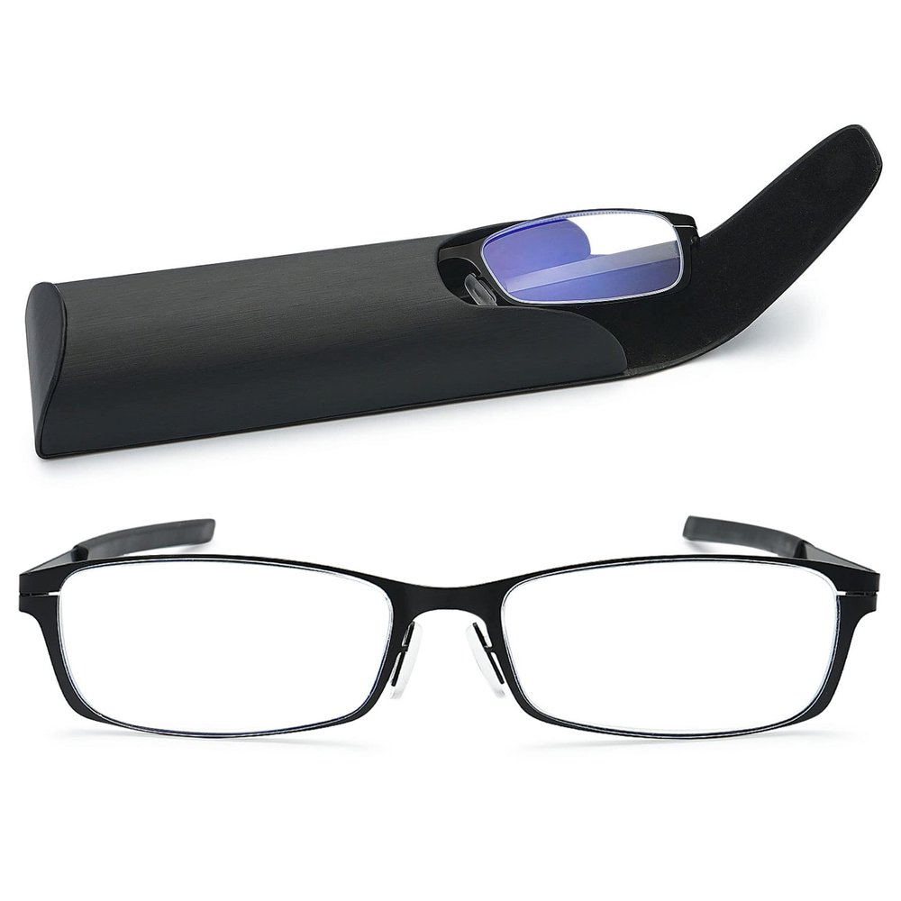 Lanomi Narrow Reading Glasses with Blue-Light Filter, Metal Full Frame, UV400 Protection, Case, Black, +3.0