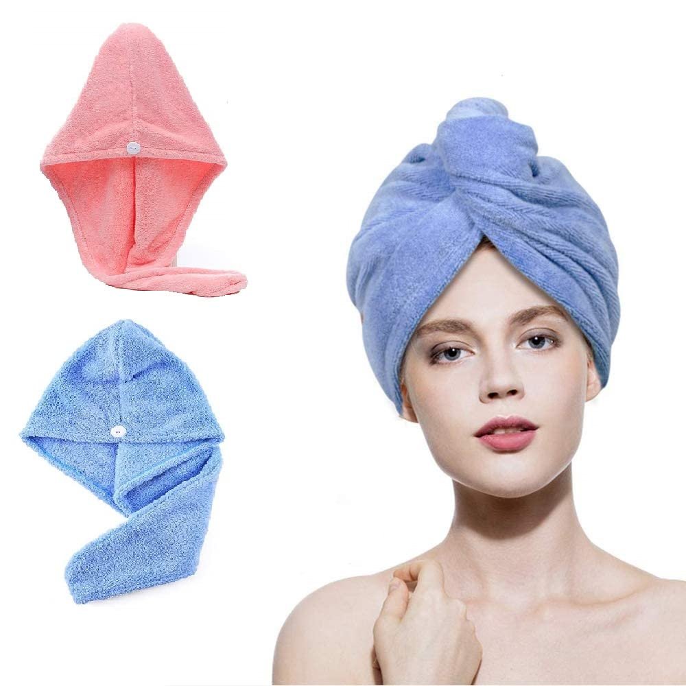 YQBFTC 2-Pack Microfiber Hair Turban Towels with Button
