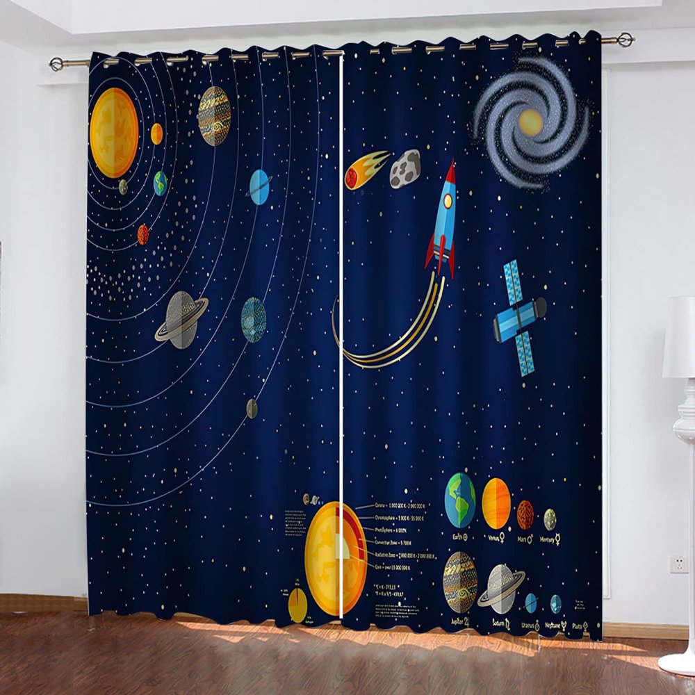 Blackout Thermal Curtains for Kids, Space Planets & Rocket, 2-Piece Set, 234 x 230 cm