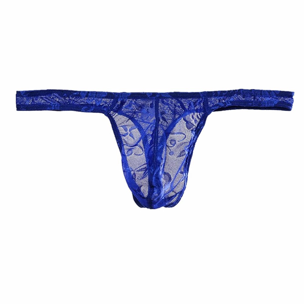 Men's Lace Thong Briefs with Pouch, Low-Rise, Blue, 2XL