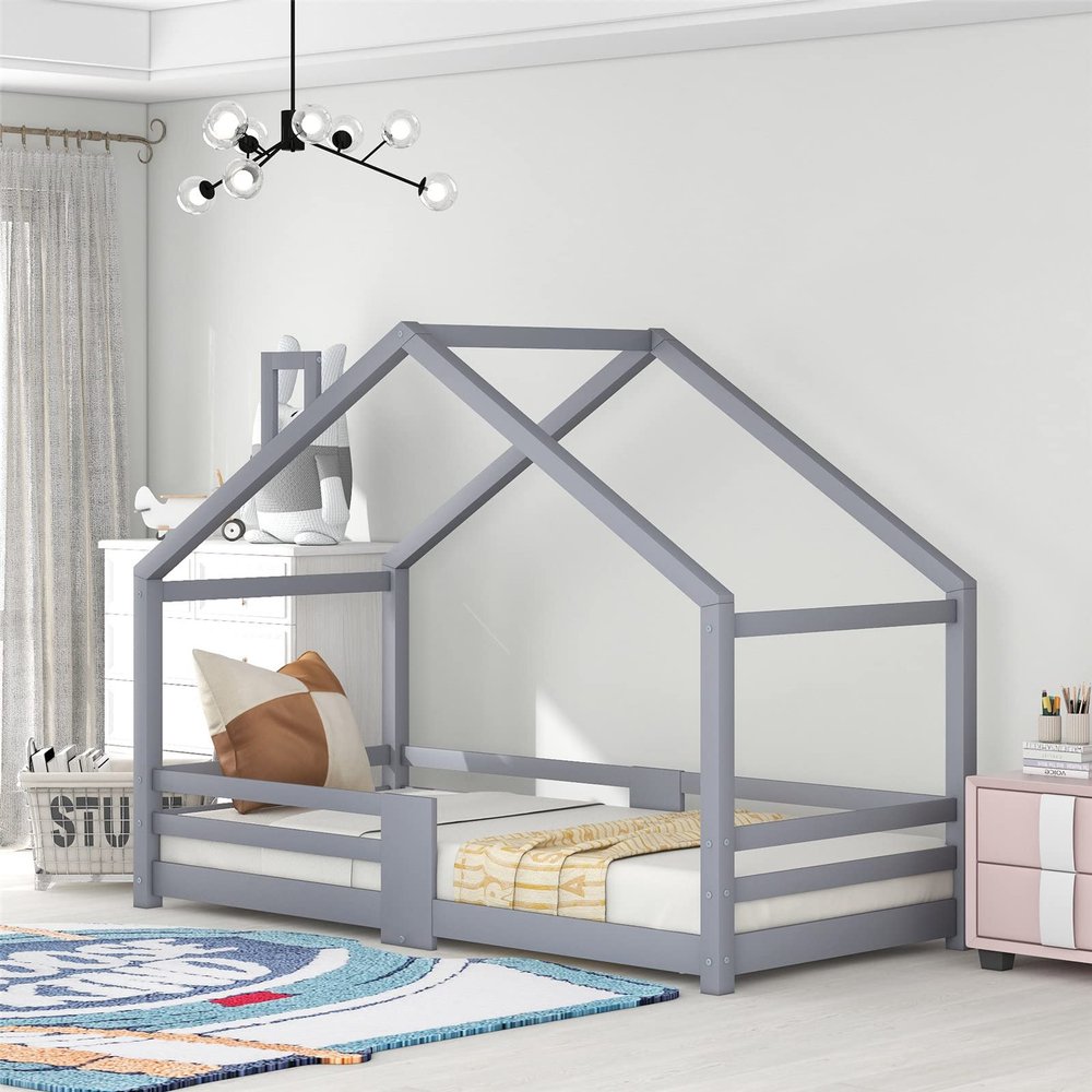JINTAOMA Children's House Bed with Guardrail, Pine, 90 x 200 cm, Gray