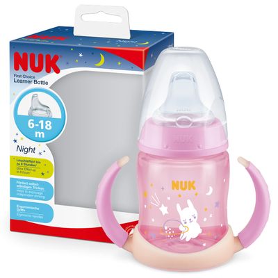 NUK First Choice Learner Cup Night | 6–18 Months | 150 ml | Glow in the Dark | Handles & Orthodontic Silicone Spout | Leakproof | Anti-Colic | Pink