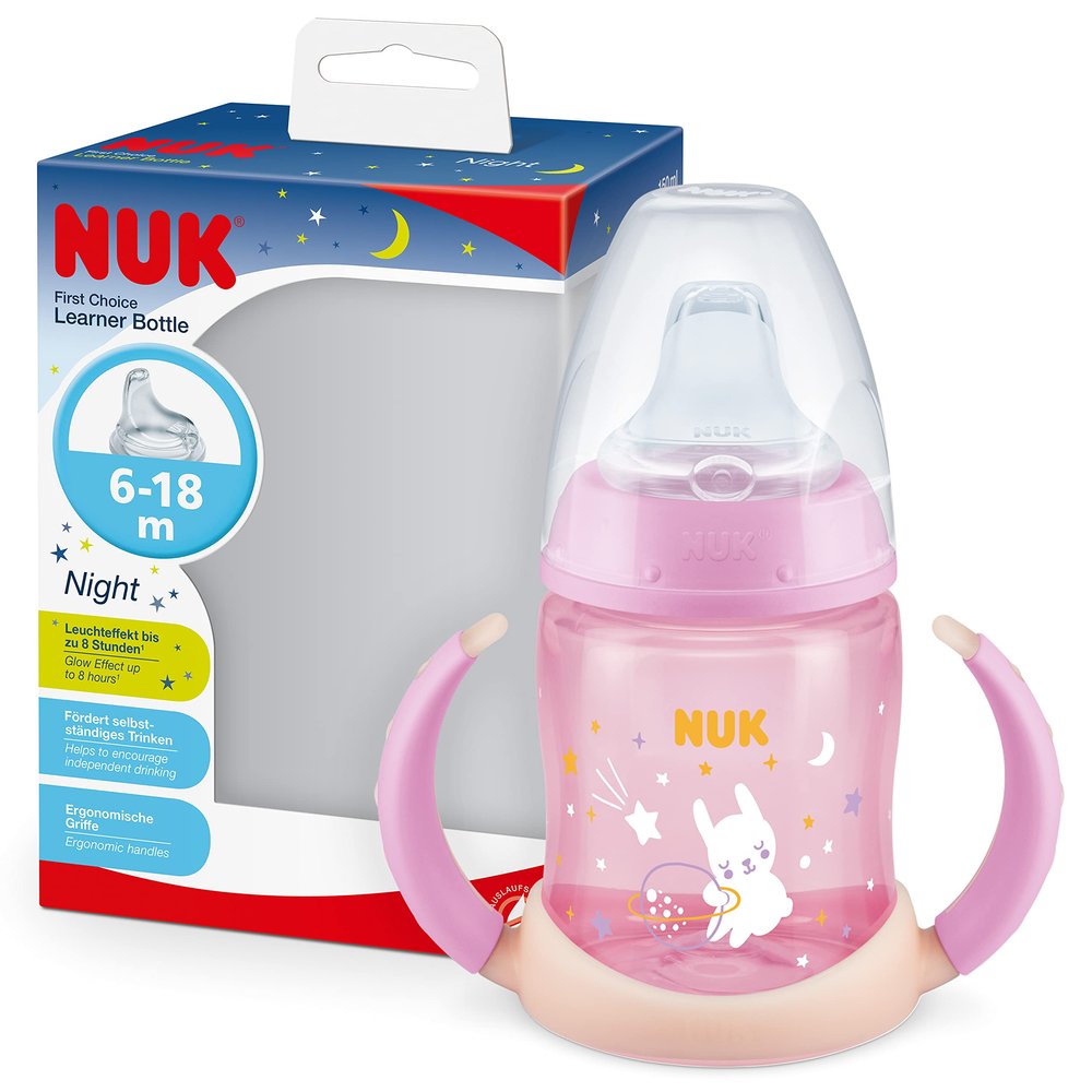 NUK First Choice Learner Cup Night | 6–18 Months | 150 ml | Glow in the Dark | Handles & Orthodontic Silicone Spout | Leakproof | Anti-Colic | Pink