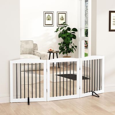 PUPETPO Freestanding Wooden Dog Gate, Foldable, 3 Panels, 61 cm, White & Black