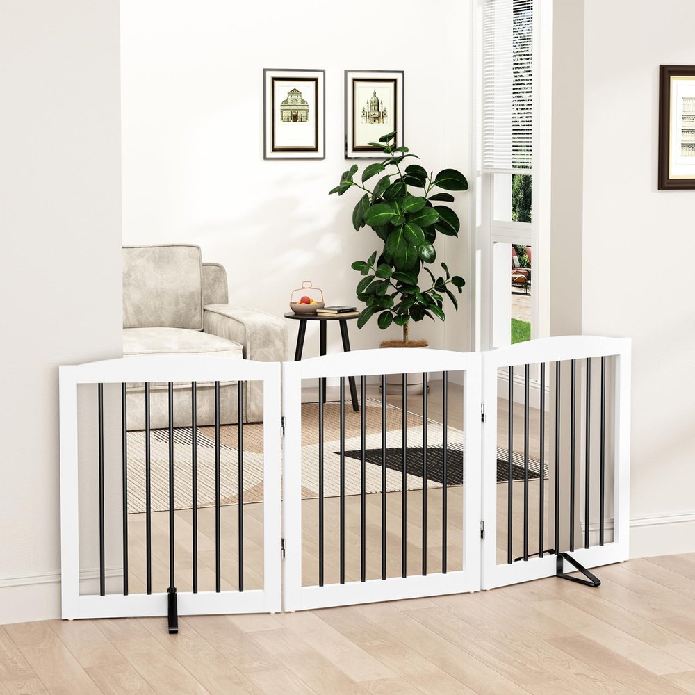 PUPETPO Freestanding Wooden Dog Gate, Foldable, 3 Panels, 61 cm, White & Black