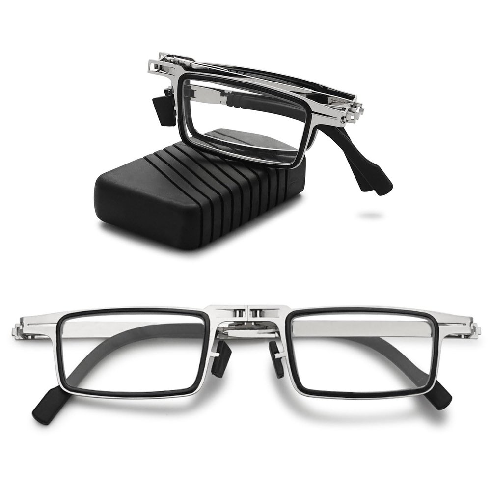 VEVESMUNDO Folding Metal Reading Glasses, Rectangular Mini, with Case (+4.0)