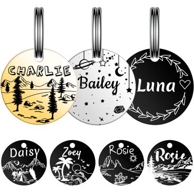 YEHANTI Engraved Dog Tag – Round Stainless Steel Personalized ID Tag with Various Patterns, Name and Phone Number (M, Gold)