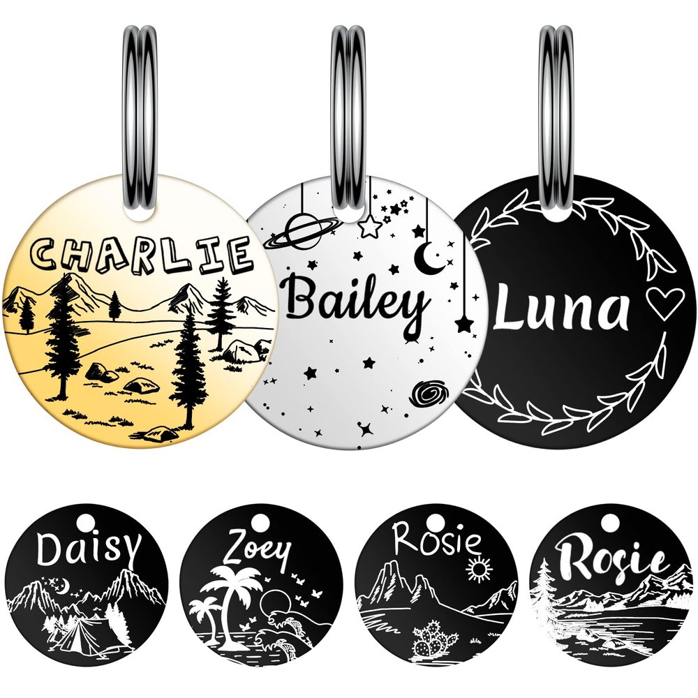 YEHANTI Engraved Dog Tag – Round Stainless Steel Personalized ID Tag with Various Patterns, Name and Phone Number (M, Gold)
