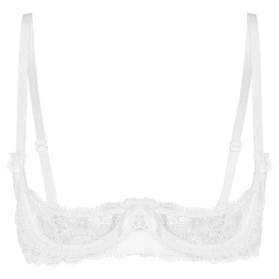 MSemis Women's Sheer Lace Open-Bust Bra, White, 5XL