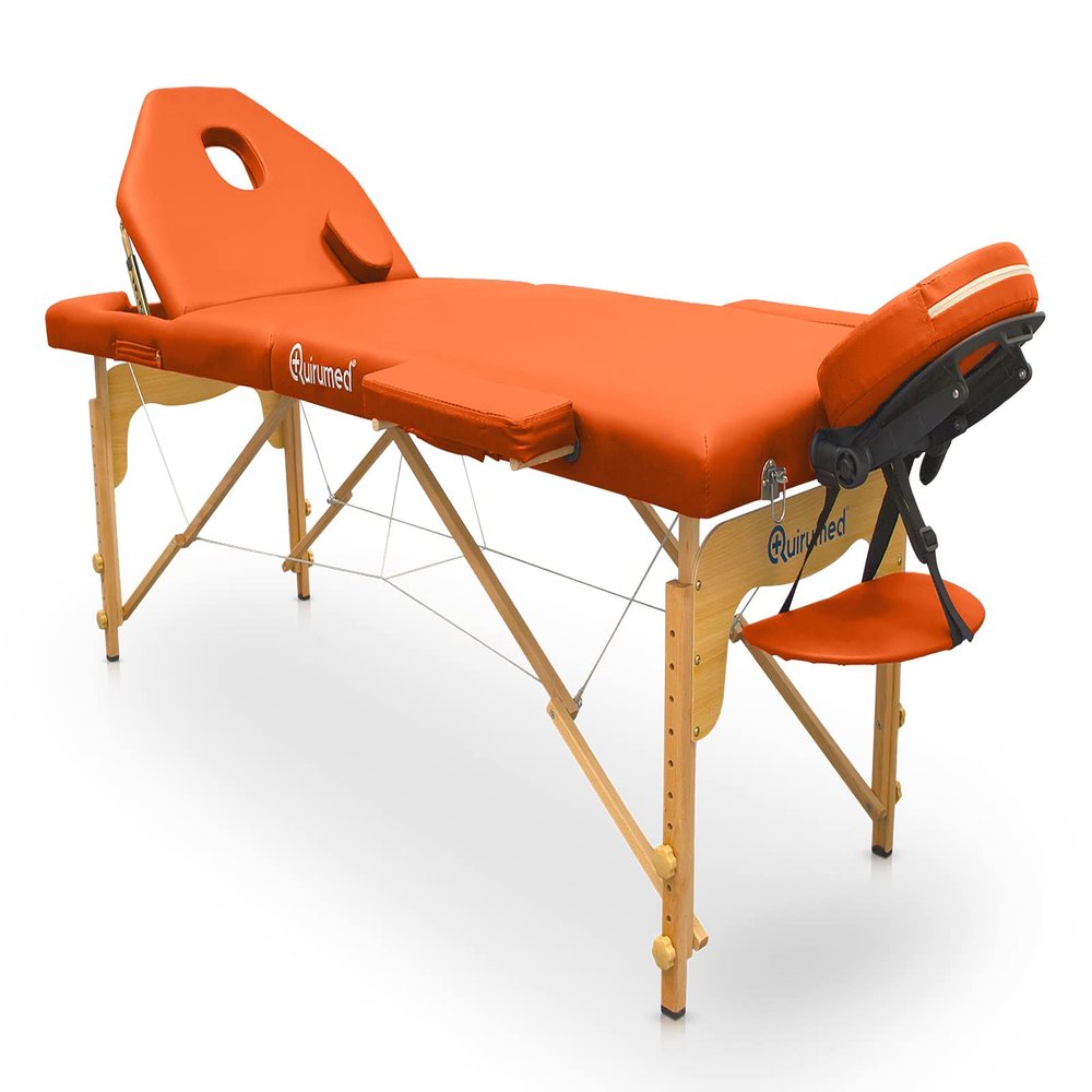 QUIRUMED Pro Folding Wooden Massage Table, 194 x 70 cm, Orange Faux Leather