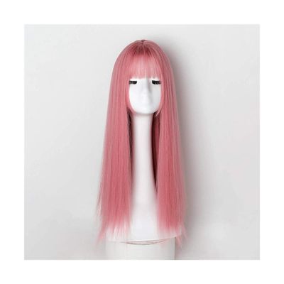 Women's Long Straight Pink Synthetic Wig with Bangs