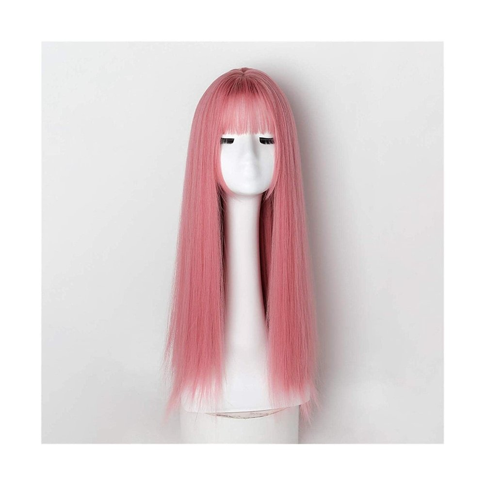 Women's Long Straight Pink Synthetic Wig with Bangs