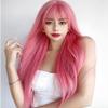 Women's Long Straight Pink Synthetic Wig with Bangs view 2