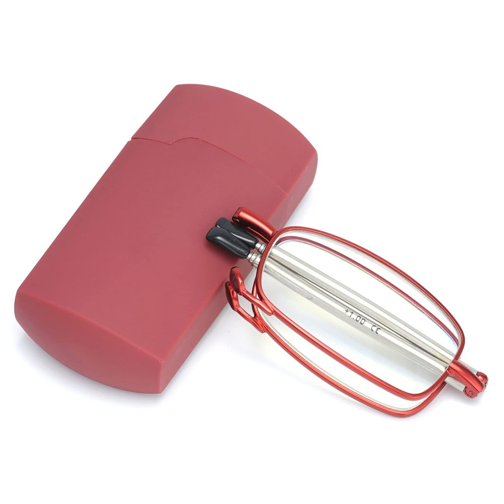 Lanomi Folding Reading Glasses for Women and Men, Blue-Light Filtering, Metal Frame with Case, Red, +1.25