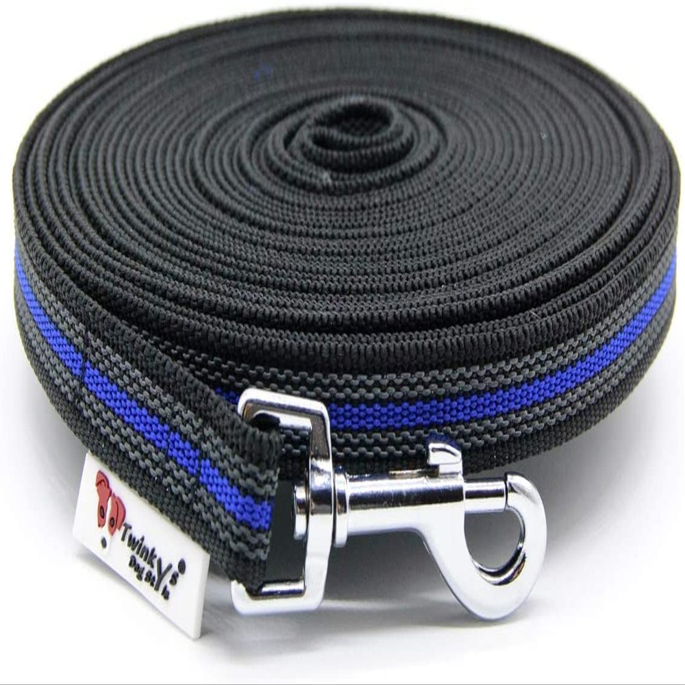 Twinkys Dog Style 25 m Rubberized Long Dog Leash, 20 mm Wide, for Dogs up to 50 kg, Black/Blue, No Hand Loop