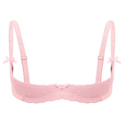 TSSOE Women's Sheer Lace Underbust Open-Bust Bra, Pink, XXL