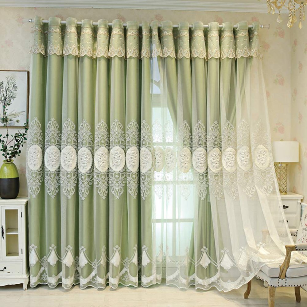 CHEWYNP Double-Layer Blackout Curtain with Lace-Embroidered Voile