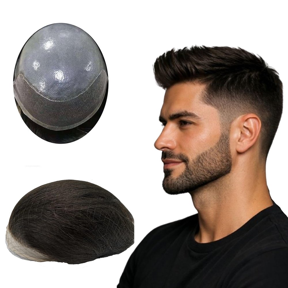 N.L.W. Men's Toupee, European Human Hair Replacement System, PU Skin with Lace Front, Natural Hairline, 10x8 in (#1 Jet Black)