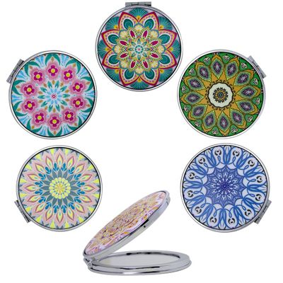 CigyYogy Small Round Folding Pocket Mirror, Double-Sided 2x Magnification, Embossed Mandala Designs, 6-Pack