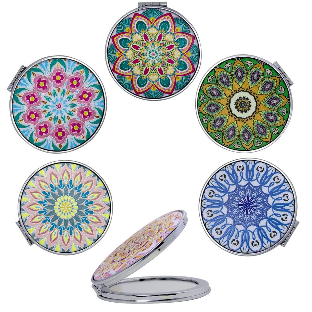 CigyYogy Small Round Folding Pocket Mirror, Double-Sided 2x Magnification, Embossed Mandala Designs, 6-Pack