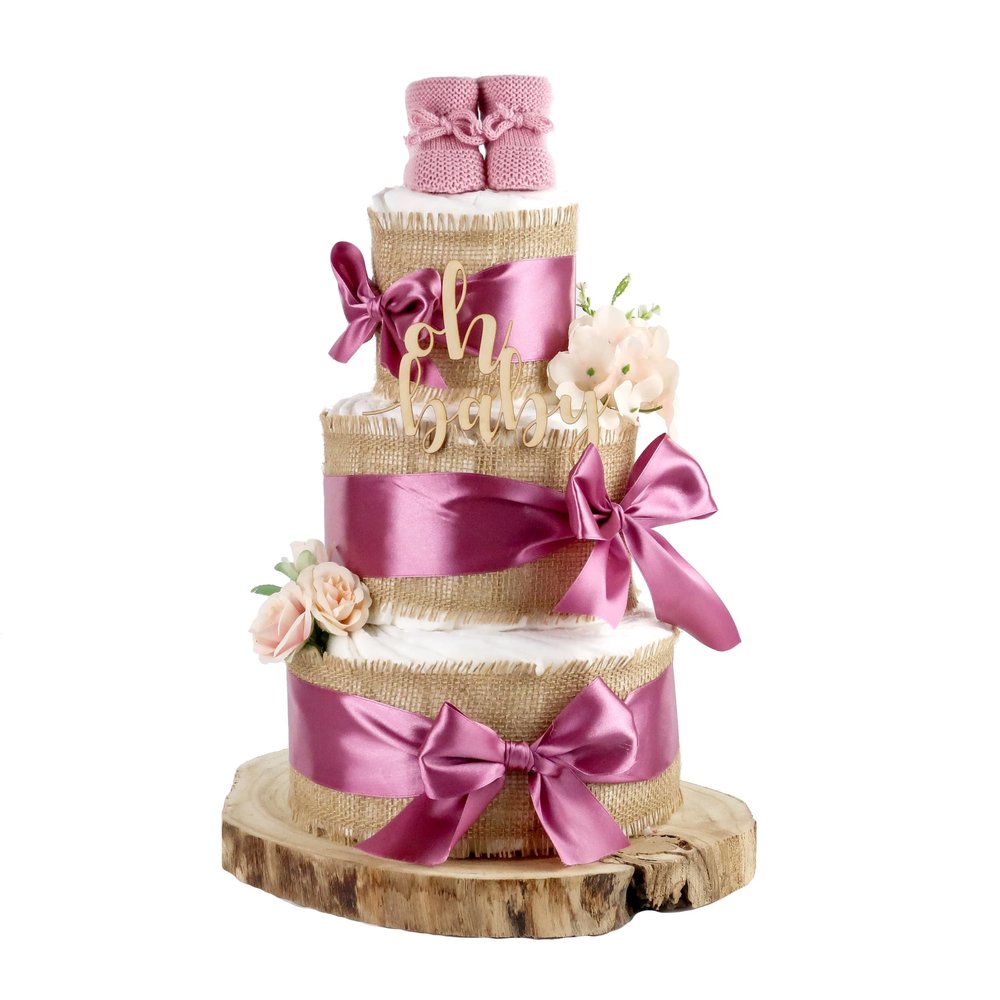 ALL JUTE Diaper Cake | For a Baby’s Arrival (3-Tier, Plum)