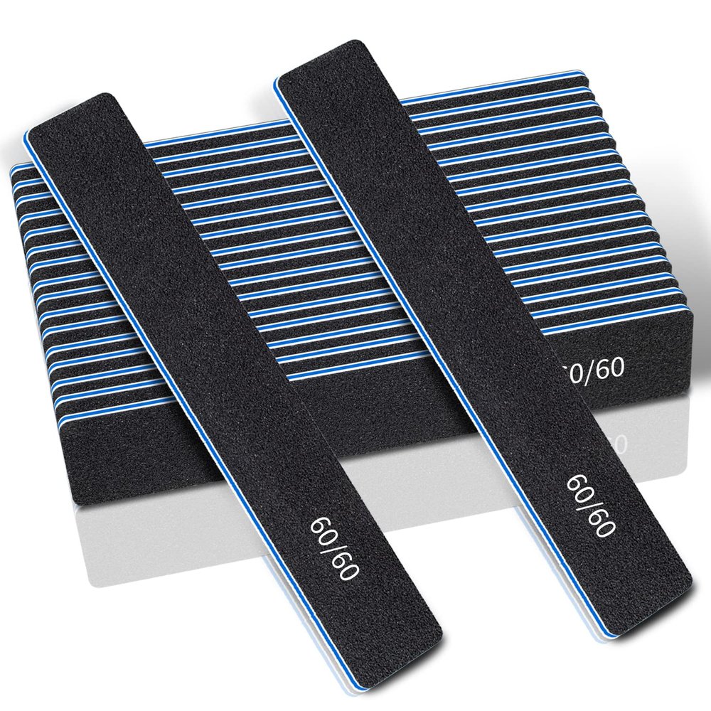 Professional Nail Files, 60/60 Grit, Double-Sided, Washable, Reusable, 12-Pack