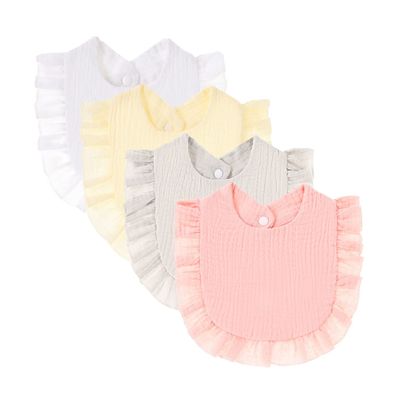 Nishine 4-Pack Solid Muslin Bibs for Babies, Unisex Cotton, Adjustable, for Teething and Feeding (White Set)