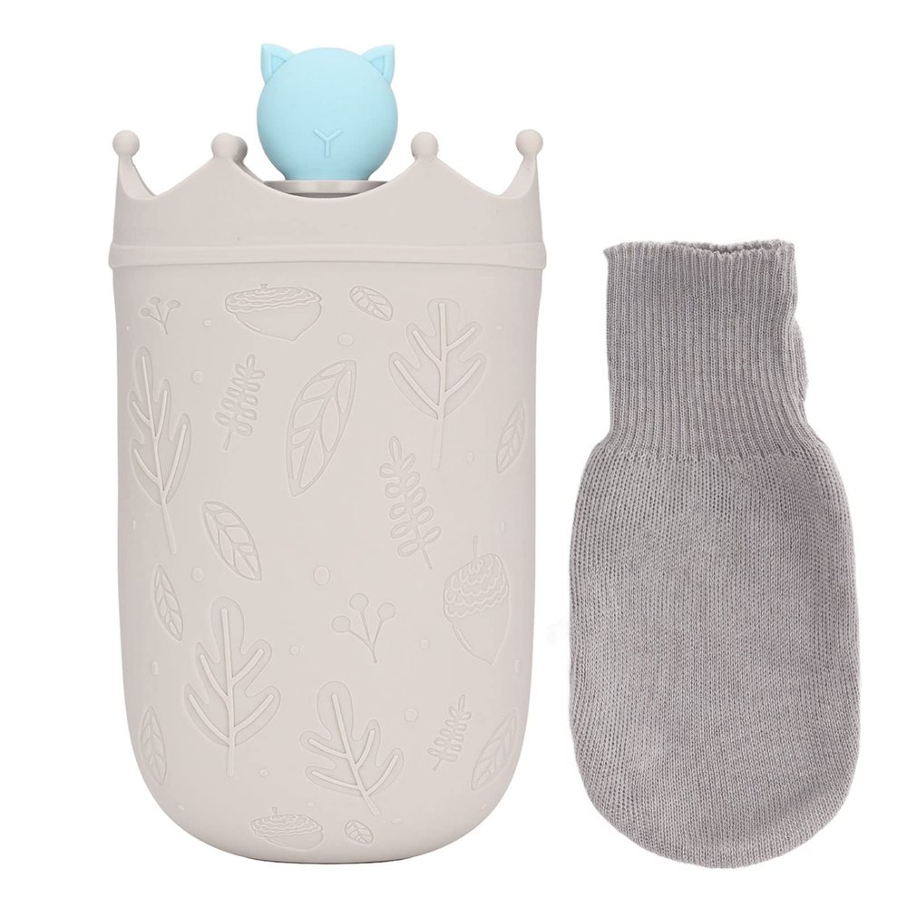 Food-Grade Silicone Hot Water Bottle, 3–5 Hour Insulation, Knitted Cover, Gray