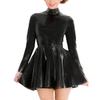 SUPERCH Women's Black Rubber Latex Skater Mini Dress with Stand Collar view 1