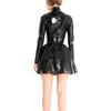 SUPERCH Women's Black Rubber Latex Skater Mini Dress with Stand Collar view 2