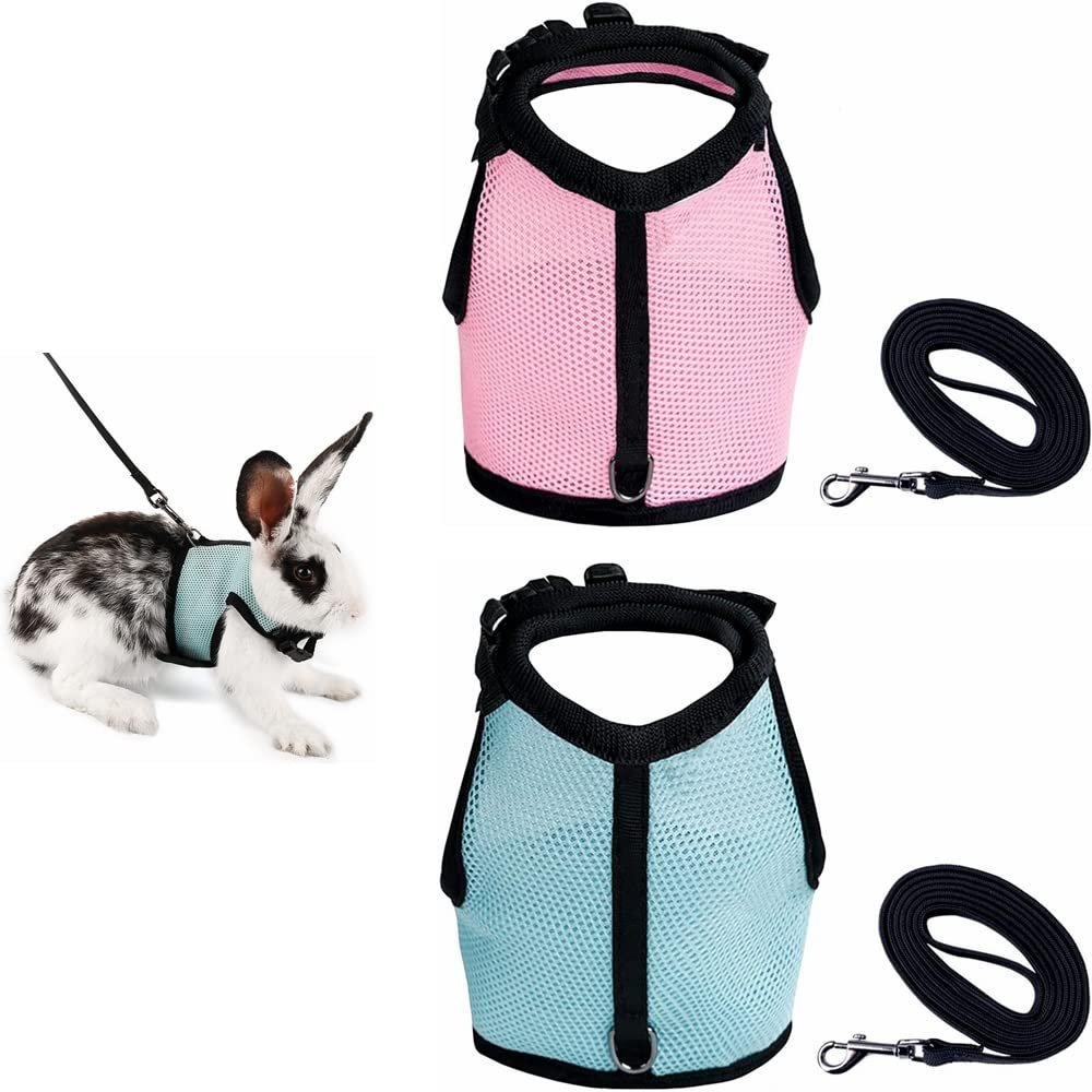 Kiwochy Adjustable Soft Rabbit Harness with Leash - Mesh Hamster Vest 2 Pack for Pets