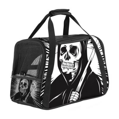 Black-and-White Skull Grim Reaper Pet Carrier, Soft-Sided, Foldable, Airline Approved